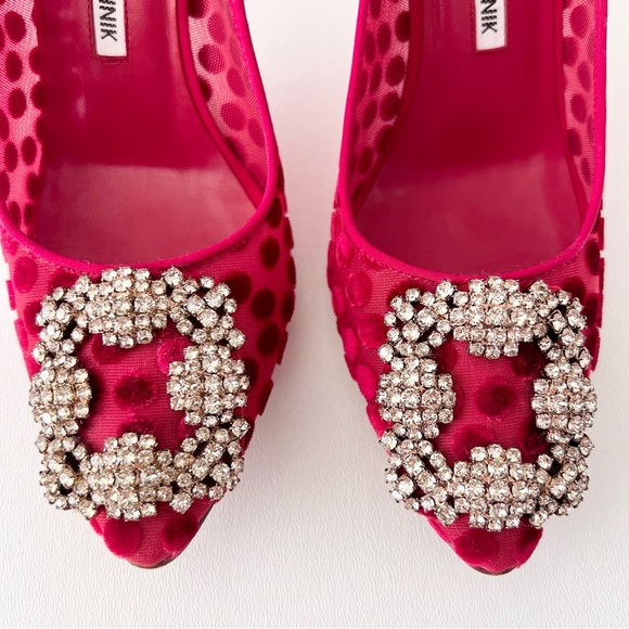 MANOLO BLAHNIK || Red Silk Polka Dot Hangisi Jewel Buckle Embellished Pumps 36 - Picture 3 of 15